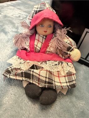 Plaid Cloth Doll with Pink Hood and Lace Trim - Soft Fabric Play Doll